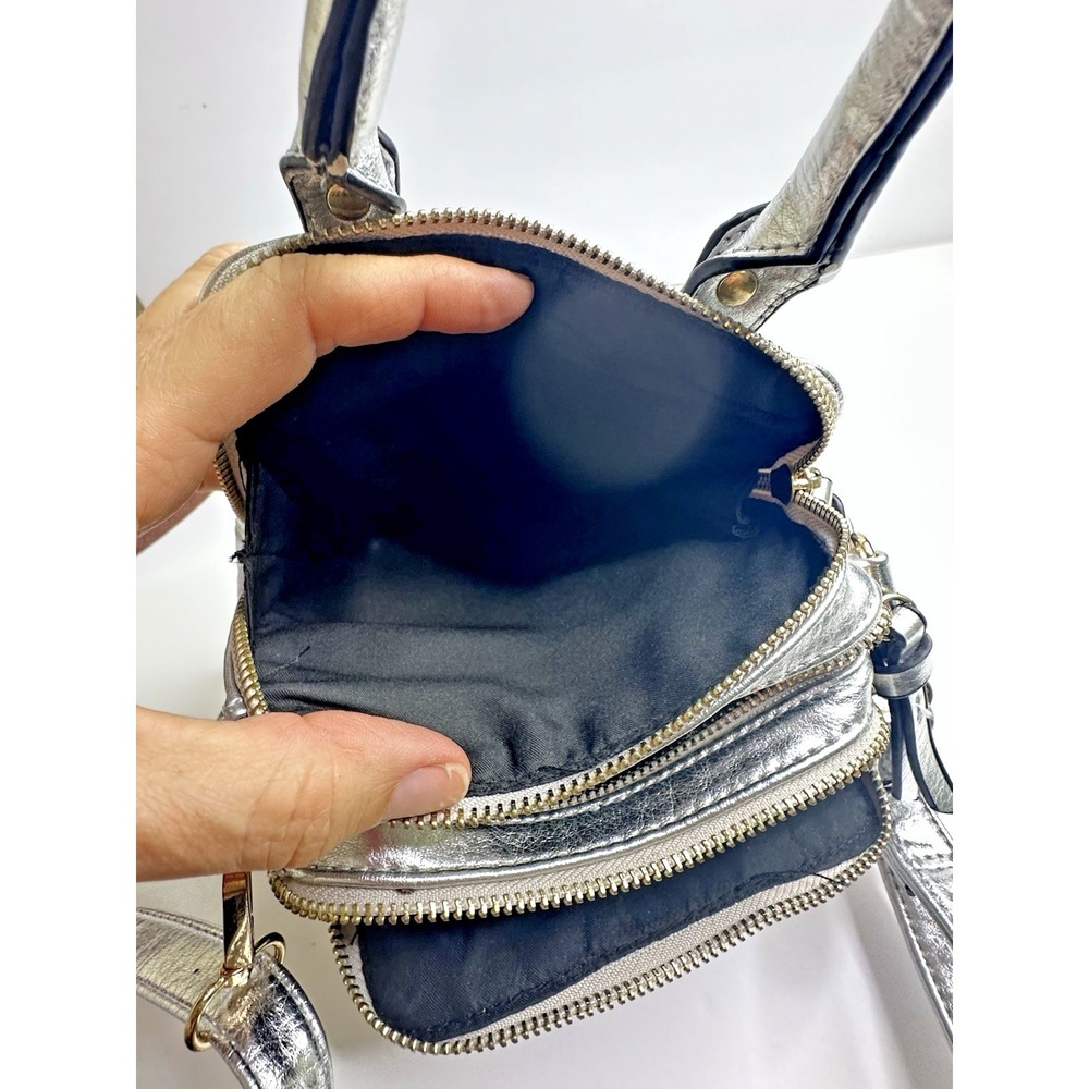 Free People Silver Leather Crossbody Purse Multi pocket Mini Top Handles - Picture 14 of 14